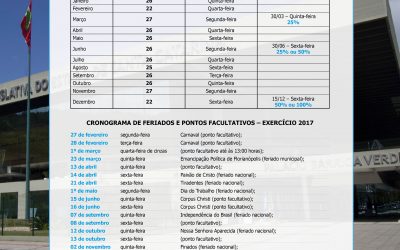 Calendário de pagamentos, feriados e pontos facultativos da ALESC