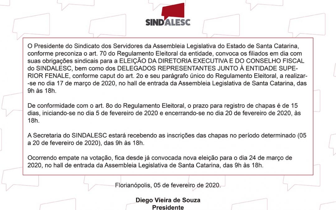 Edital de convocação das eleições SINDALESC 2020