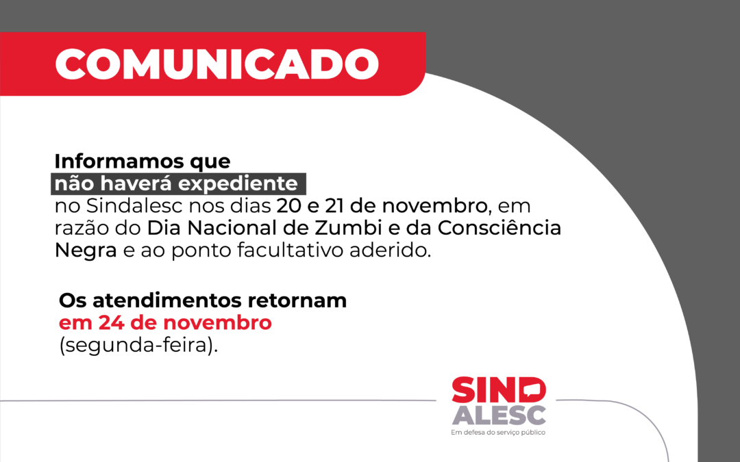 Comunicado: Alteração no Expediente do Sindalesc