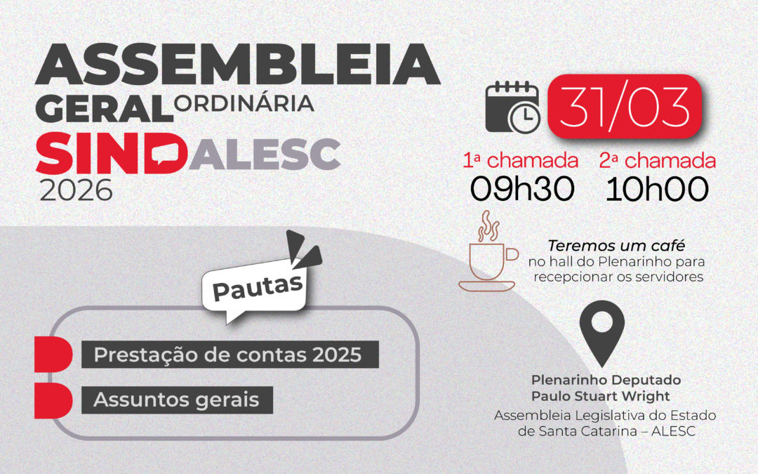 SINDALESC convoca servidores para Assembleia Geral Ordinária 2026 no dia 31 de março